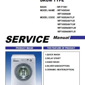 Samsung wf 7450sav wf 7450naw service manual cover cover with photo of the washing machine, model code and type and manual contents