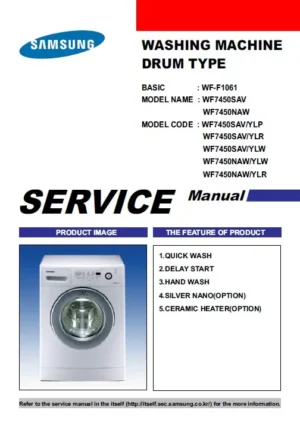 Samsung wf 7450sav wf 7450naw service manual cover cover with photo of the washing machine, model code and type and manual contents