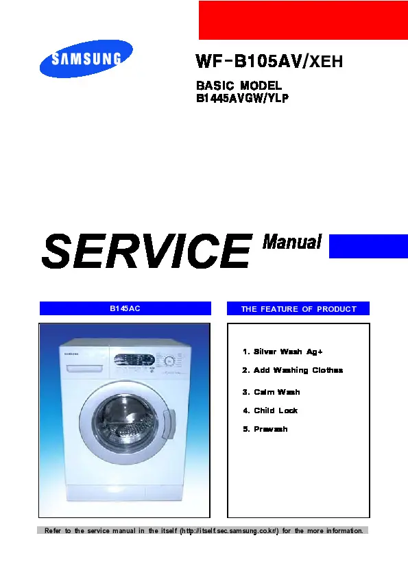 Samsung wf b105av service manual cover cover with photo of the washing machine, model code and type and manual contents