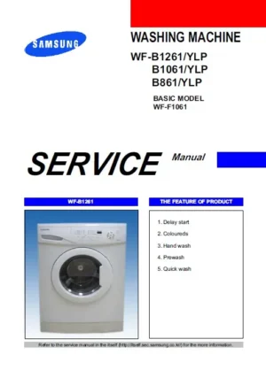 Samsung wf b861 b1061 b1261 service manual cover cover with photo of the washing machine, model code and type and manual contents