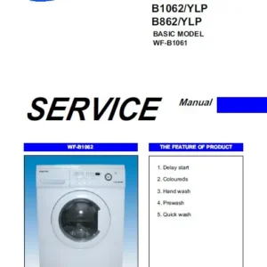 Samsung wf b862 b1062 b1262 service manual cover cover with photo of the washing machine, model code and type and manual contents
