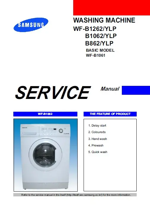 Samsung wf b862 b1062 b1262 service manual cover cover with photo of the washing machine, model code and type and manual contents