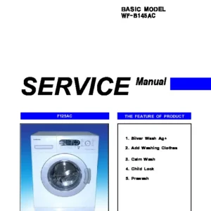 Samsung wf f85a f105a f125ac service manual cover cover with photo of the washing machine, model code and type and manual contents
