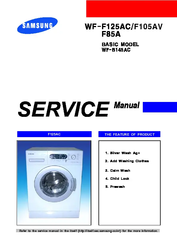 Samsung wf f85a f105a f125ac service manual cover cover with photo of the washing machine, model code and type and manual contents