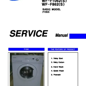 Samsung wf f862 f1062 f1262 service manual cover cover with photo of the washing machine, model code and type and manual contents