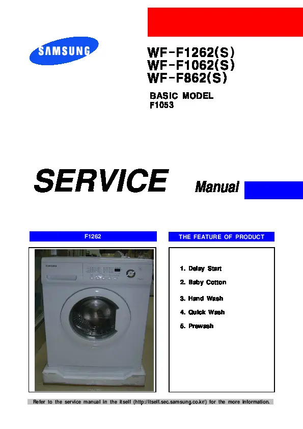 Samsung wf f862 f1062 f1262 service manual cover cover with photo of the washing machine, model code and type and manual contents