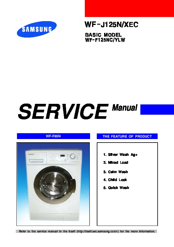 Samsung wf j125n service manual cover cover with photo of the washing machine, model code and type and manual contents
