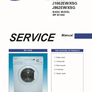 Samsung wf j1262 j1062 j862 service manual cover cover with photo of the washing machine, model code and type and manual contents