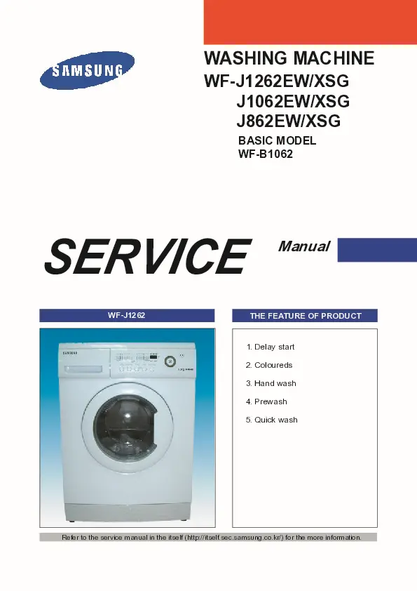Samsung wf j1262 j1062 j862 service manual cover cover with photo of the washing machine, model code and type and manual contents