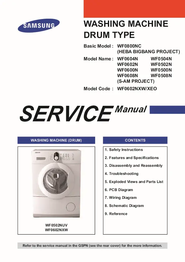 Samsung wf0500 wf0502 wf0504 wf0508 service manual cover cover with photo of the washing machine, model code and type and manual contents