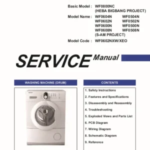 Samsung wf0600 wf0602 wf0604 wf0608 service manual cover cover with photo of the washing machine, model code and type and manual contents