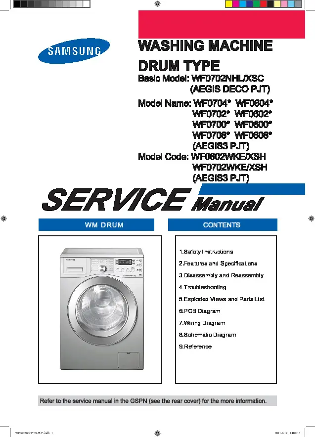 Samsung wf0602wkv service manual cover cover with photo of the washing machine, model code and type and manual contents