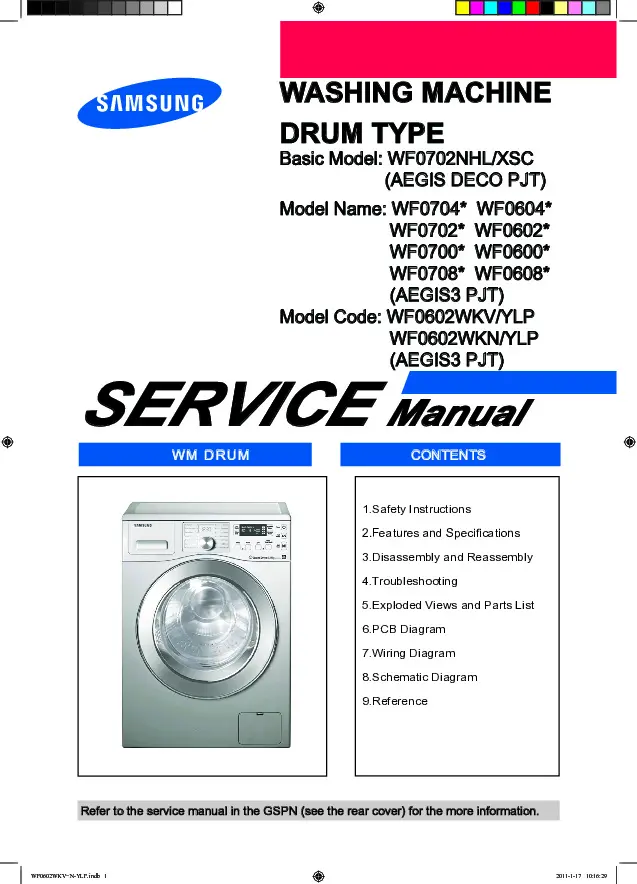 Samsung wf0602wkw service manual cover cover with photo of the washing machine, model code and type and manual contents