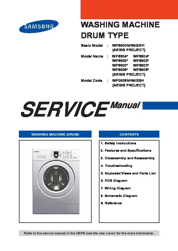 Samsung wf0608nhm service manual cover cover with photo of the washing machine, model code and type and manual contents