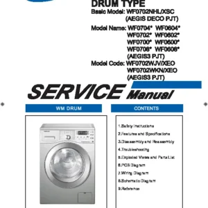 Samsung wf0702wkn wf0702wjv wf0702nhl service manual cover cover with photo of the washing machine, model code and type and manual contents