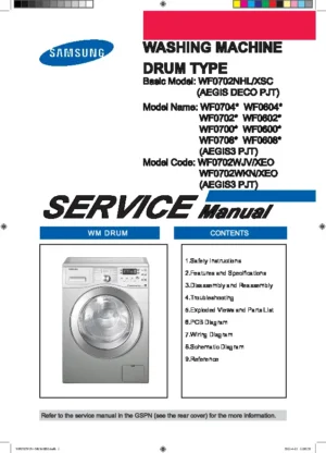 Samsung wf0702wkn wf0702wjv wf0702nhl service manual cover cover with photo of the washing machine, model code and type and manual contents