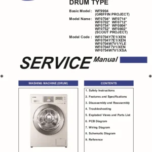 Samsung wf0704y7e1 wf0704w7v1 wf0754w7v1 service manual cover cover with photo of the washing machine, model code and type and manual contents