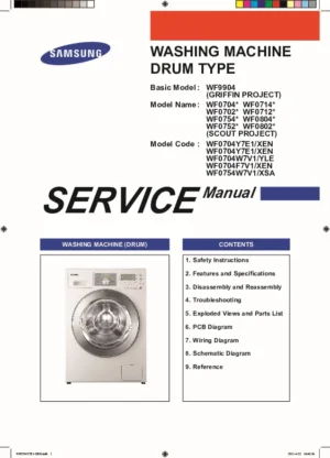 Samsung wf0704y7e1 wf0704w7v1 wf0754w7v1 service manual cover cover with photo of the washing machine, model code and type and manual contents