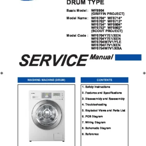 Samsung wf0754w7e1 service manual cover cover with photo of the washing machine, model code and type and manual contents