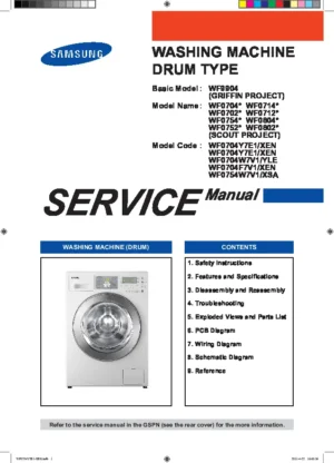 Samsung wf0754w7e1 service manual cover cover with photo of the washing machine, model code and type and manual contents