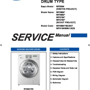 Samsung wf0804y8e service manual cover cover with photo of the washing machine, model code and type and manual contents