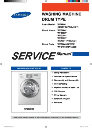 Samsung wf0804y8e service manual cover cover with photo of the washing machine, model code and type and manual contents