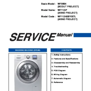 Samsung wf1124xby service manual cover cover with photo of the washing machine, model code and type and manual contents