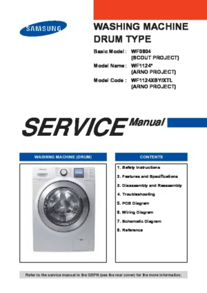 Samsung wf1124xby service manual cover cover with photo of the washing machine, model code and type and manual contents