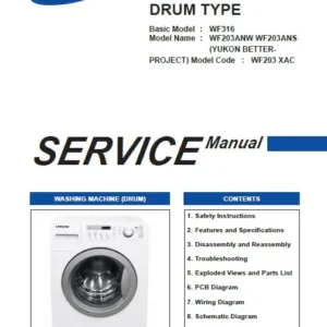 Samsung wf203anw wf203ans service manual cover cover with photo of the washing machine, model code and type and manual contents