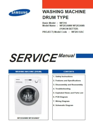 Samsung wf203anw wf203ans service manual cover cover with photo of the washing machine, model code and type and manual contents