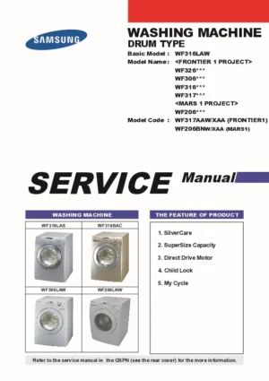 Samsung wf206ans service manual cover cover with photo of the washing machine, model code and type and manual contents