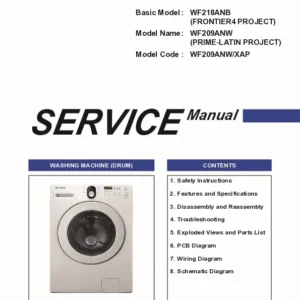 Samsung wf209anw wf218anb service manual cover cover with photo of the washing machine, model code and type and manual contents