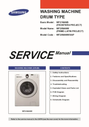 Samsung wf209anw wf218anb service manual cover cover with photo of the washing machine, model code and type and manual contents