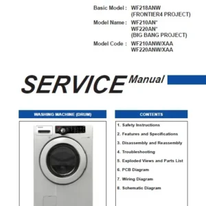 Samsung wf210anw wf220anw service manual cover cover with photo of the washing machine, model code and type and manual contents