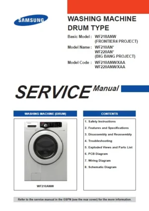Samsung wf210anw wf220anw service manual cover cover with photo of the washing machine, model code and type and manual contents