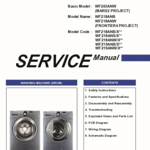 Samsung wf218anb wf218anw wf218ans service manual cover cover with photo of the washing machine, model code and type and manual contents