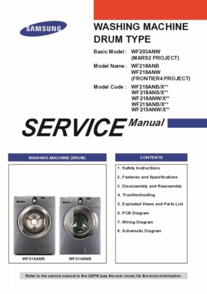 Samsung wf218anb wf218anw wf218ans service manual cover cover with photo of the washing machine, model code and type and manual contents