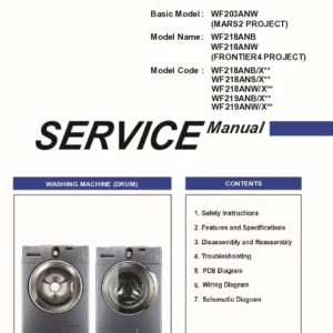 Samsung wf219anb wf219anw service manual cover cover with photo of the washing machine, model code and type and manual contents