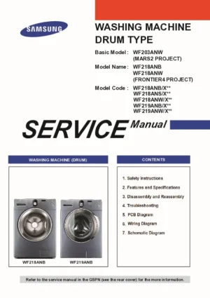 Samsung wf219anb wf219anw service manual cover cover with photo of the washing machine, model code and type and manual contents