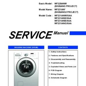 Samsung wf231anw wf231ans wf231anb wf231ang service manual cover cover with photo of the washing machine, model code and type and manual contents