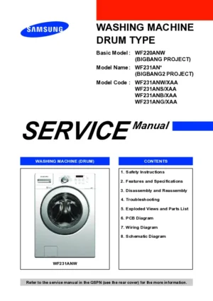 Samsung wf231anw wf231ans wf231anb wf231ang service manual cover cover with photo of the washing machine, model code and type and manual contents