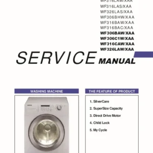 Samsung wf306 wf316 wf326 series service manual cover cover with photo of the washing machine, model code and type and manual contents