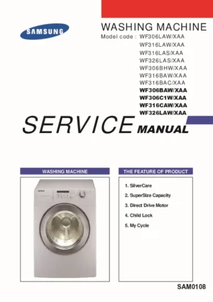 Samsung wf306 wf316 wf326 series service manual cover cover with photo of the washing machine, model code and type and manual contents
