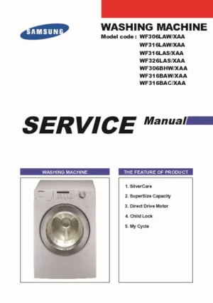 Samsung wf316law wf316las service manual cover cover with photo of the washing machine, model code and type and manual contents