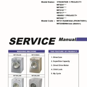 Samsung wf317aaw wf317aas wf317aag service manual cover cover with photo of the washing machine, model code and type and manual contents