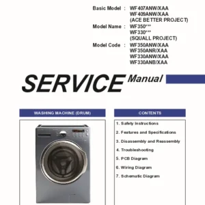 Samsung wf330anw wf330anb service manual cover cover with photo of the washing machine, model code and type and manual contents