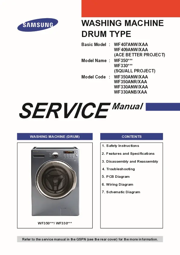 Samsung wf330anw wf330anb service manual cover cover with photo of the washing machine, model code and type and manual contents