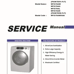 Samsung wf337aag wf337aal wf337aar service manual cover cover with photo of the washing machine, model code and type and manual contents