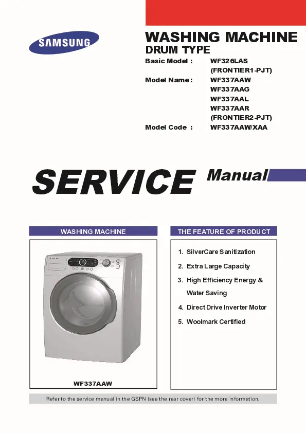 Samsung wf337aag wf337aal wf337aar service manual cover cover with photo of the washing machine, model code and type and manual contents