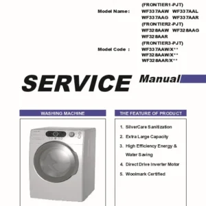 Samsung wf337aaw wf328aaw wf328aar service manual cover cover with photo of the washing machine, model code and type and manual contents
